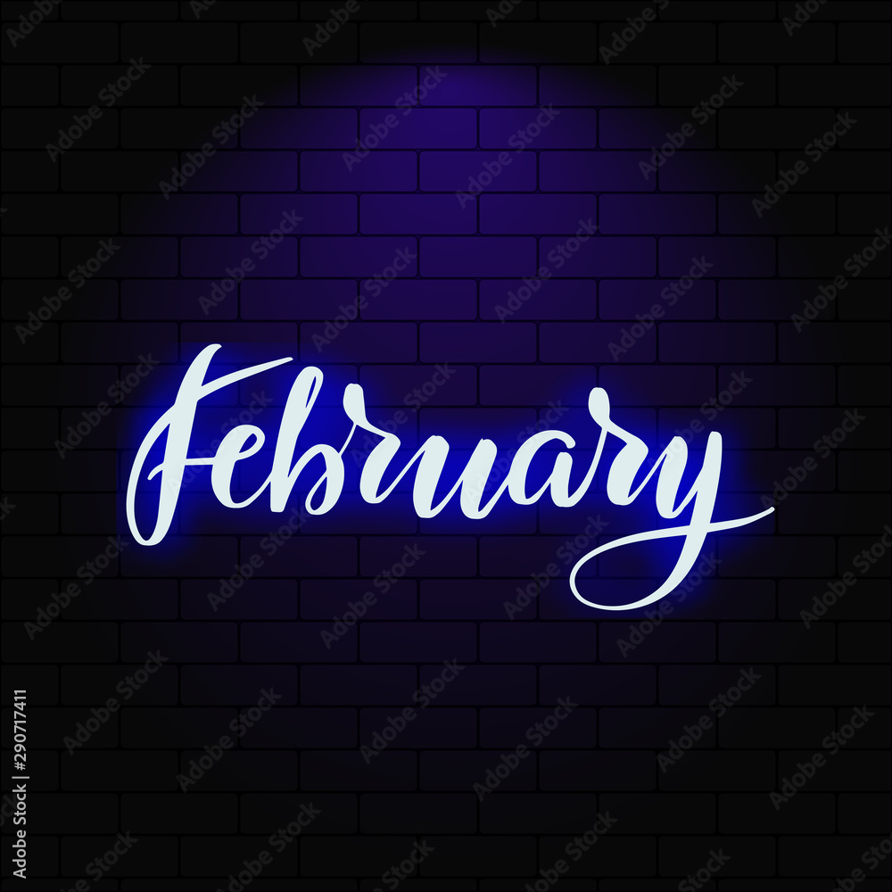 Neon glowing lettering on a brick wall background. Neon glowing lettering on a brick wall background.