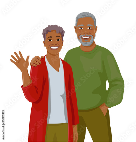 Happy mature African couple. Smiling middle-aged woman and man together. Family happiness concept. Cartoon illustration. Vector isolated on the white background