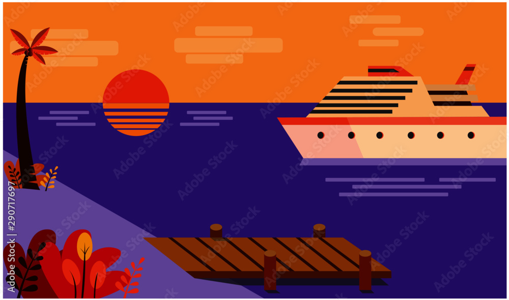 Fototapeta premium Background island cruise ship holiday sunset flat design