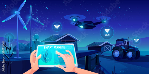 Smart farming, futuristic technologies in farm industry. Tablet with app for control plants growing at night time, drone, wind mills, solar panels automation and robotics. Cartoon vector illustration