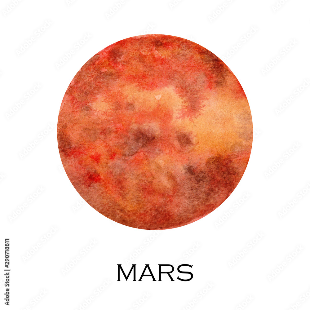 Watercolor illustration of Mars planet. Hand drawn illustration isolated on white background. Watercolor illustration of Mars planet. Hand drawn illustration isolated on white background.