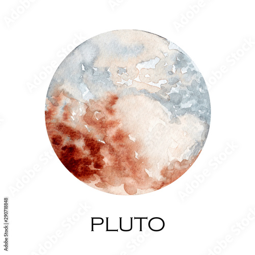 Watercolor illustration of Pluto planet. Hand drawn illustration isolated on white background. photo