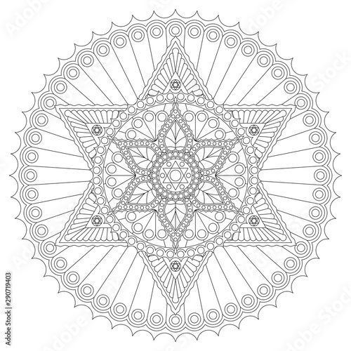 Coloring page with mandala with six-pointed star. Vector drawing.