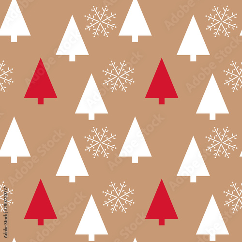 White and Red Christmas trees on kraft paper background . Hand drawing snowflakes, Vector seamless pattern.