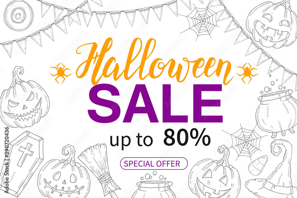 Fototapeta premium Halloween Sale poster with hand drawn pumpkin Jack, witch hat, broom, sweets, candy roots, coffin, pot with potion/ Up to 50%, 80%, 90% Special offer