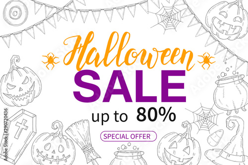 Halloween Sale poster with hand drawn pumpkin Jack  witch hat  broom  sweets  candy roots  coffin  pot with potion  Up to 50   80   90  Special offer