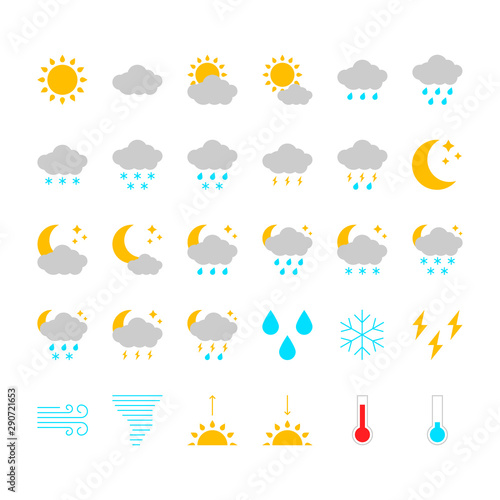 Weather icons set, flat design. Vector illustration.