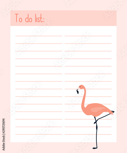 To do list,  template for printing, page for diary, organiser, notebook. Vector illustration with flamingo.