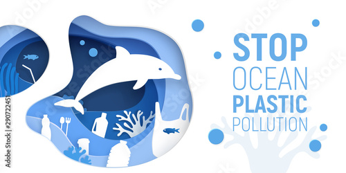 Ocean Plastic Pollution. Paper cut underwater background with plastic rubbish, dolphin and coral reefs. Save the ocean concept. Eco problem poster. Paper art vector illustration
