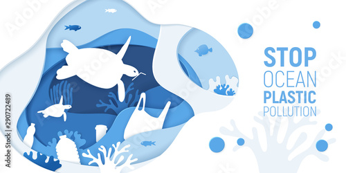 Concept of Stop Ocean Plastic Pollution. Paper cut underwater background with plastic rubbish, turtles and coral reefs. Save the ocean concept. Eco problem poster. Paper art vector illustration