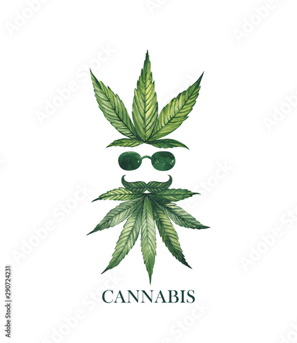 Watercolor illustration. Face silhouette of a man in glasses from cannabis leaves.