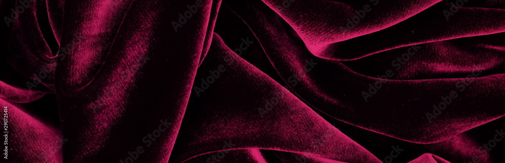 Long banner velvet texture dark red pink  color background, expensive luxury fabric,  wallpaper. copy space - obrazy, fototapety, plakaty 