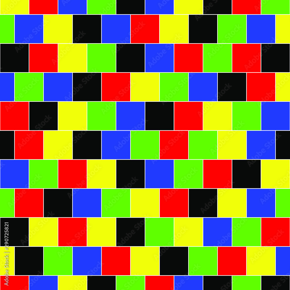 Multicolored abstract work as a background quadrilateral.The artwork is a colorful square, black, red, blue, green, yellow.The multicolored squares background looks bright.