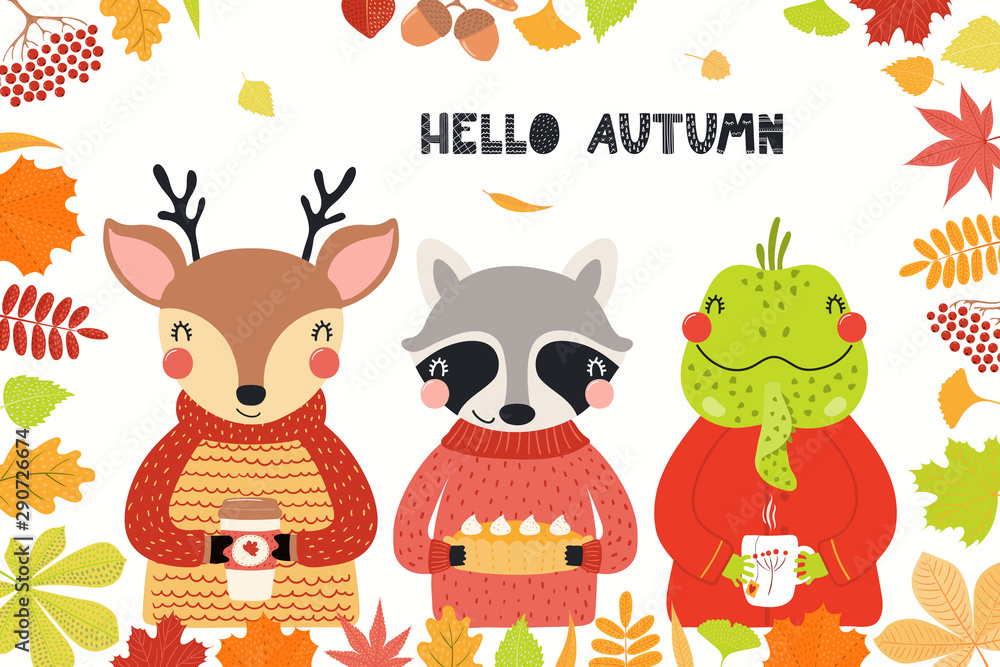 Naklejka premium Hand drawn vector illustration of cute deer, iguana, raccoon, with leaves frame, quote Hello Autumn. Isolated objects on white background. Scandinavian style flat design. Concept for children print.