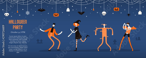 Halloween banner, invitation, background design concept with dancing people in costumes, bunting with pumpkins, bats, ghosts, spider webs, skulls, corn candy, text. Hand drawn vector illustration.