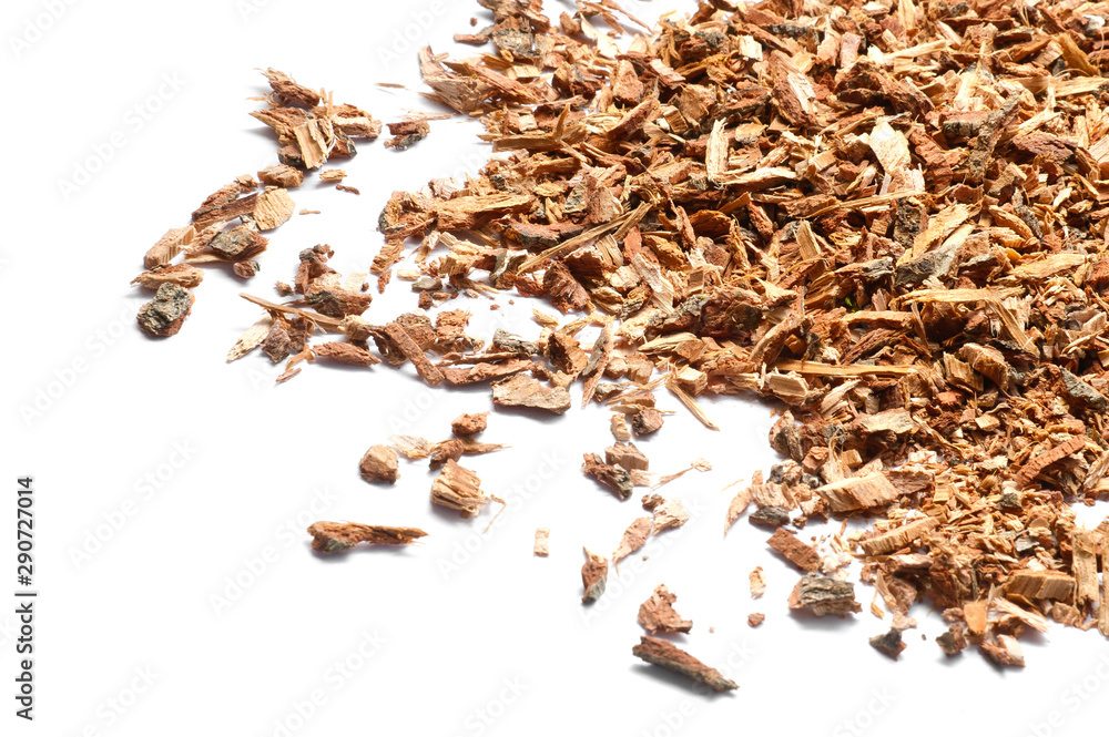 Dried chopped oak bark. Isolated on white background. Homeopathy. Dried chopped oak bark. Isolated on white background. Homeopathy.