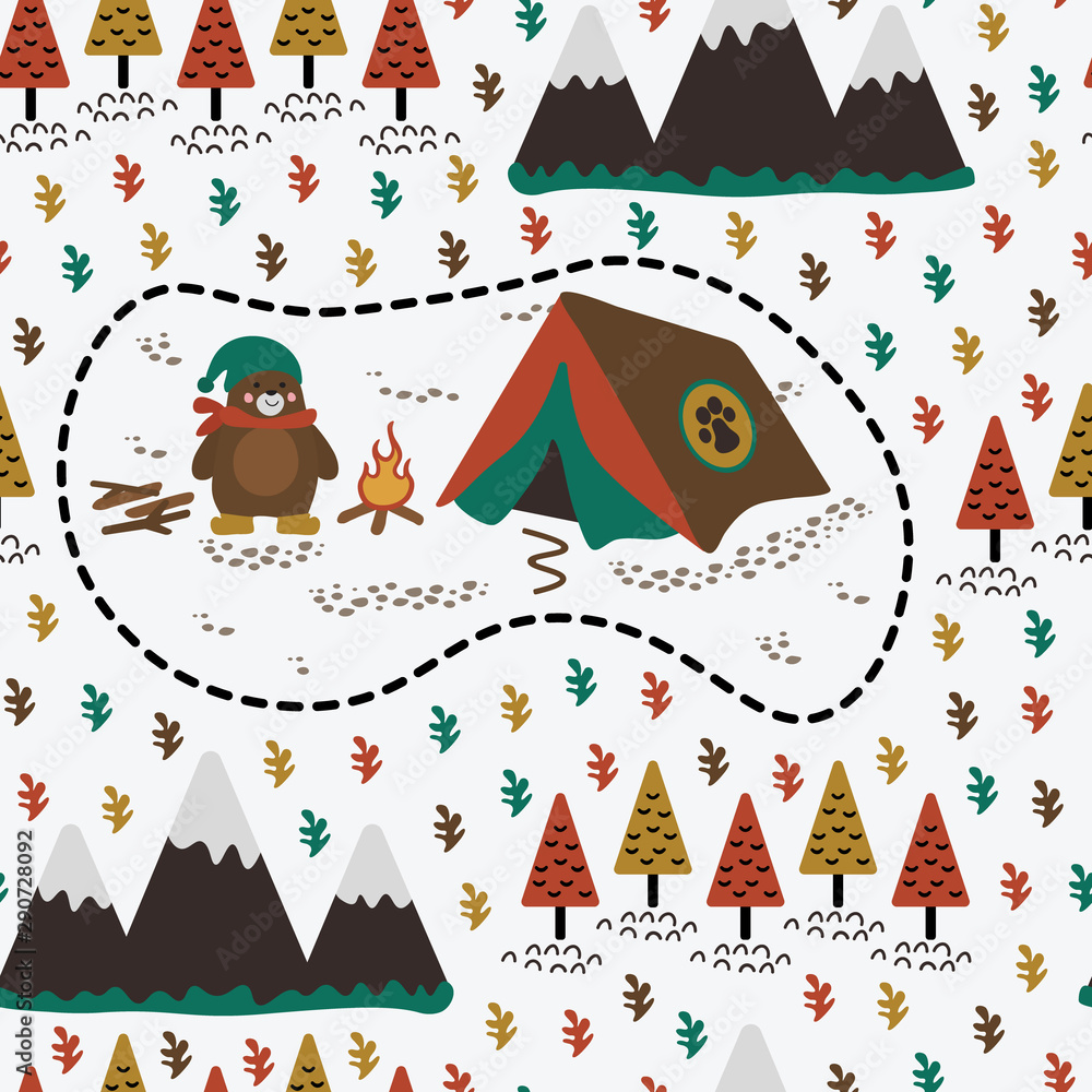 seamless repeat pattern with bears, mountains and trees