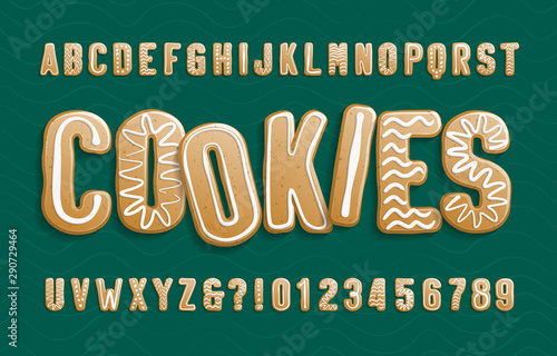 Christmas Gingerbread Cookies alphabet font. Cartoon letters and numbers with icing sugar covering. Holiday vector illustration for your design.