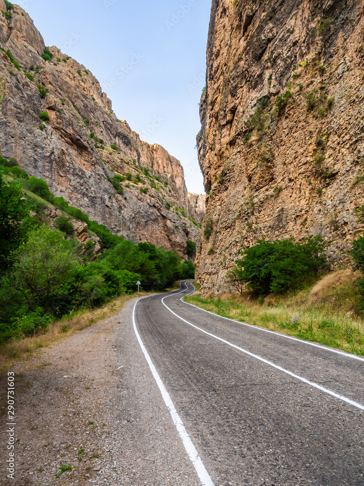 Asphalt road going through narrow gorge in Armenia