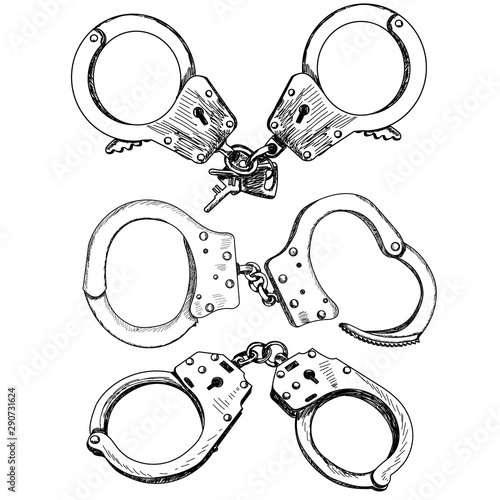 vector, on white background, sketch, lines handcuffs, set