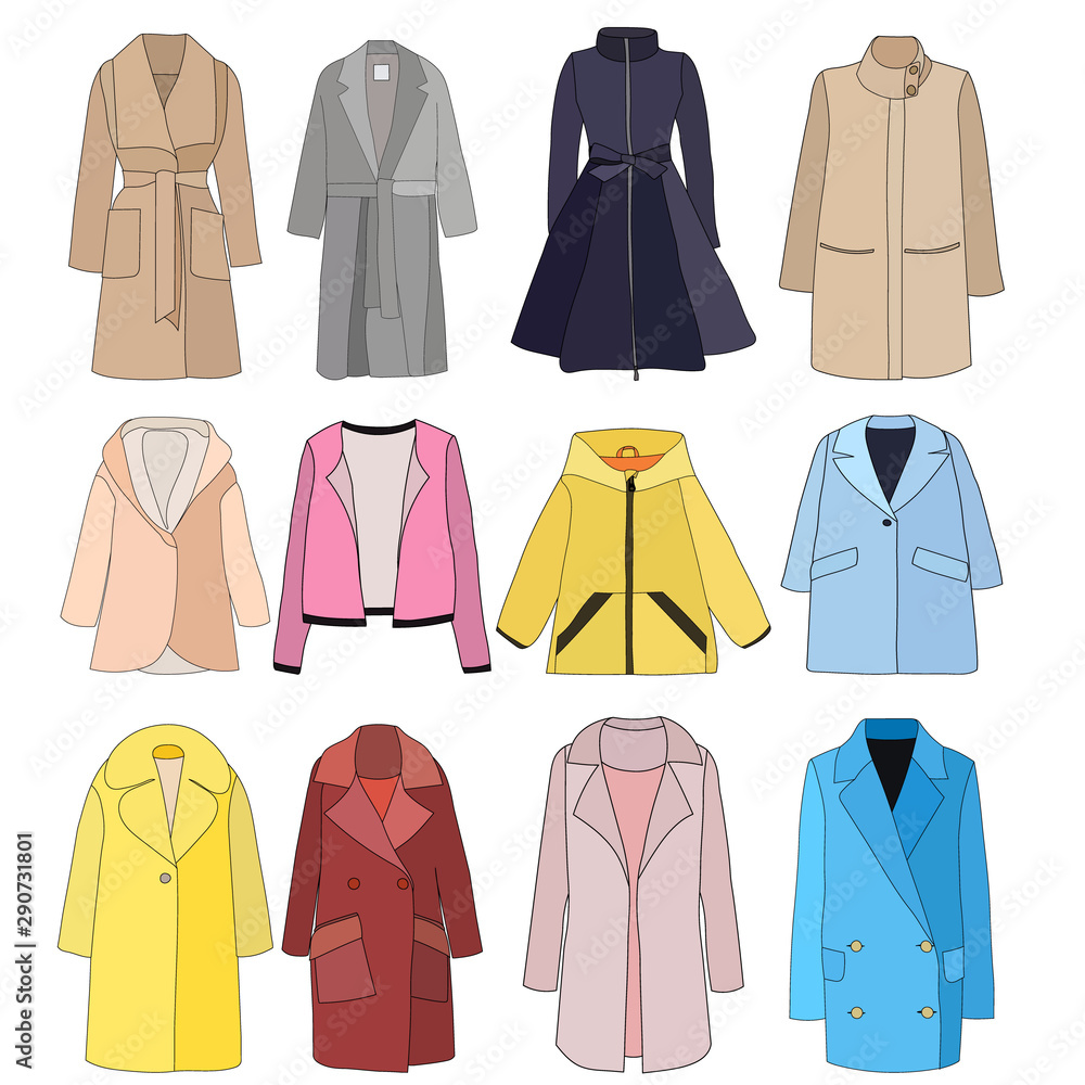 vector, on white background, outerwear coat, cape, set vector, on white background, outerwear coat, cape, set
