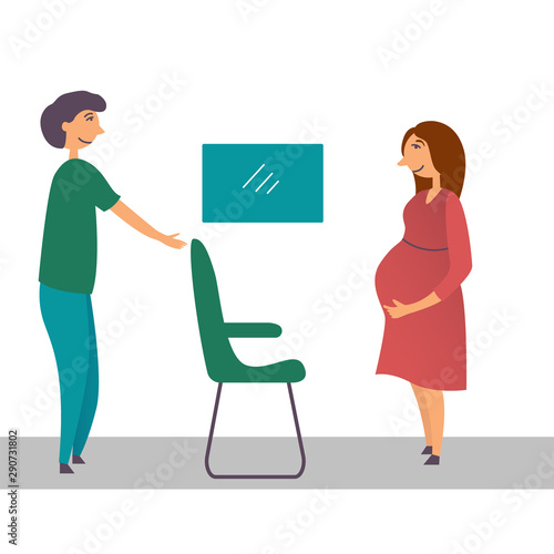 The guy gives way to a pregnant girl in public transport. The manifestation of kindness. Good deeds. Vector illustration