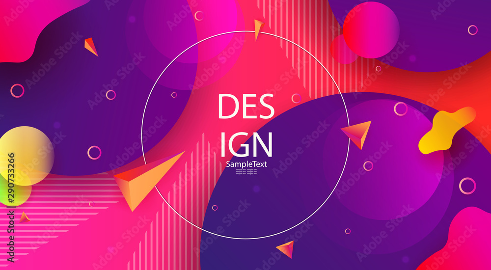 Abstract pink composition with a set of blue circles and other geometric shapes