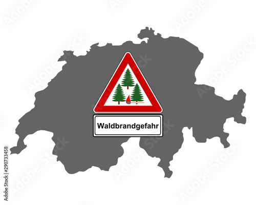 Karte der Schweiz mit Warnschild Waldbrandgefahr