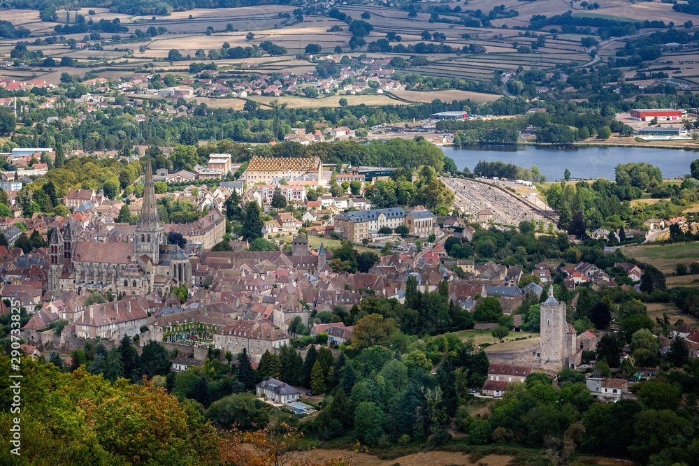 View of the Roman city of Autun and the cathedral of Saint Lazarus from the top of Saint-Sébastien mountain, Autun, Burgundy, France on 5 September 2019