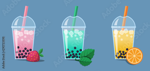 Bubble Milk Tea with berry and tapioca pearls (bobas) vector