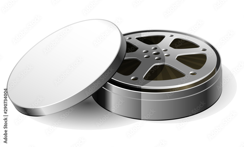 Film reel in open round metal box, old cinema film bobbin in