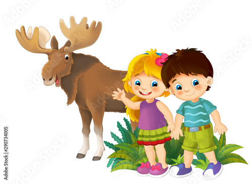 cartoon scene with nature elements kids and animal - illustration for children © agaes8080