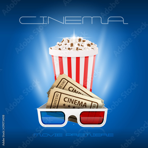 Popcorn box, cinema tickets and 3d glasses - movie premiere, first opening night