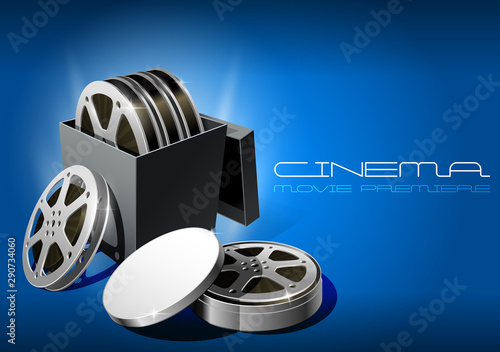 Movie premiere, film reel in open round metal box, cinema first opening night,