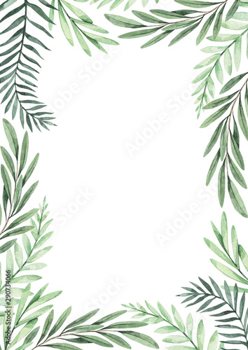 Christmas frame with eucalyptus, fir branch and mistletoe - Watercolor illustration. Happy new year. Winter background with greenery design elements. Perfect for cards, invitations, banners, posters 