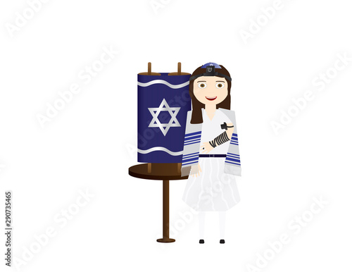 Jewish Girl Near Torah Scroll