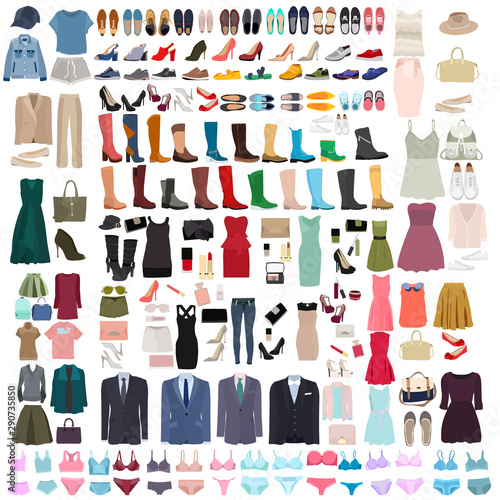 vector, isolated, set of clothes, shoes and linen
