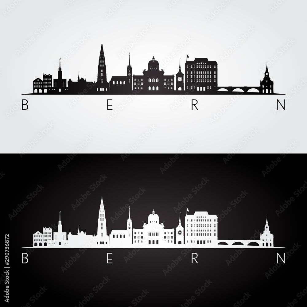 Bern skyline and landmarks silhouette, black and white design, vector illustration.