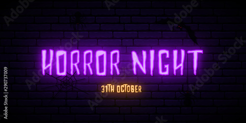 Horror night neon signboard. Vector banner for Halloween celebration.
