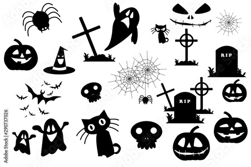 Set of halloween silhouettes icon and character tomp, pumpkins, ghost and spooky, elements for halloween decorations. Halloween design logo, objects, icon, sticker. Hand drawn vector illustration. photo