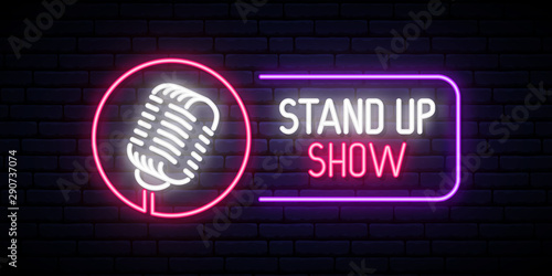 Vector Stand Up Show emblem in neon style. Bright neon design banner.
