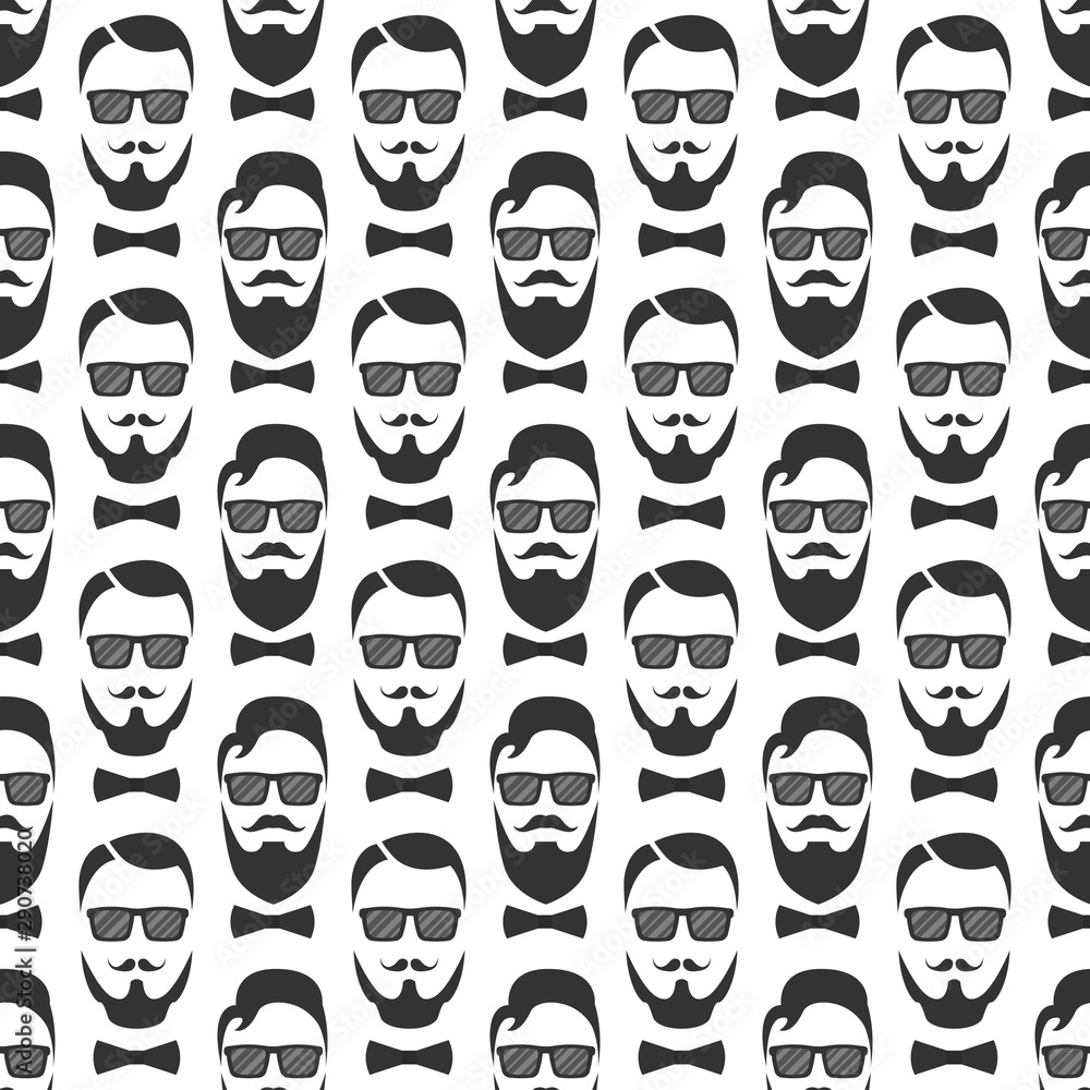 Bearded hipster seamless pattern with glasses. Vector illustration.