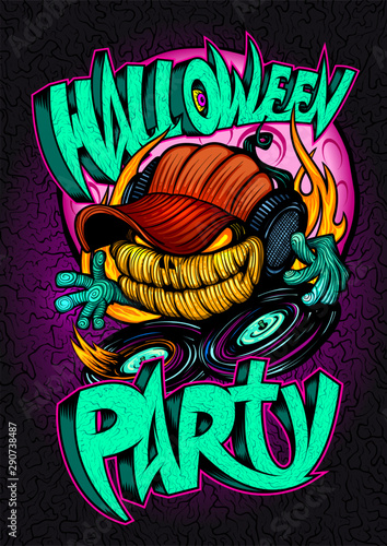 Halloween party poster, invitation card or web banner with scary dj pumpkin