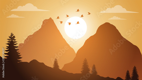 sunset view, landscape background, moutains landscape illustration,  sky, birds, tree