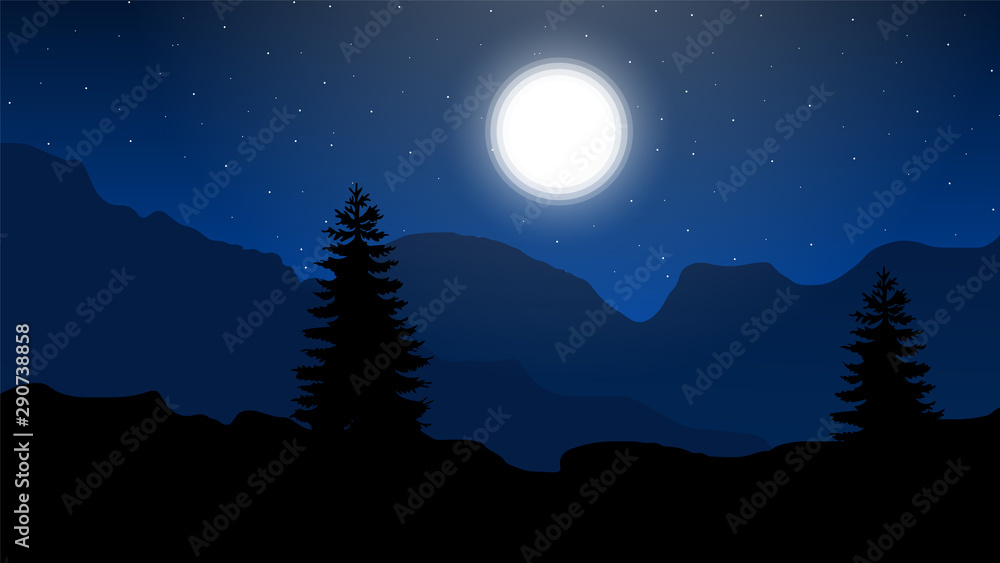 Fototapeta premium night view, landscape night, sky, mountains, moon, landscape night view illustration