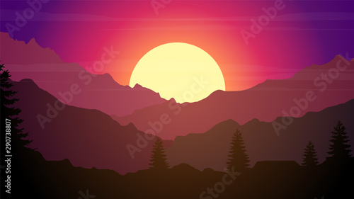 sunset, mountains, trees, landscape background, sunset landscape illustration