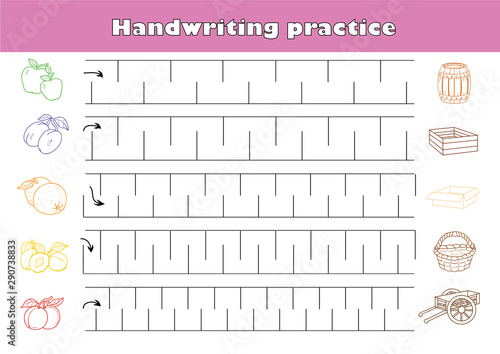 Handwriting practice sheet. Educational children game, printable worksheet for kids.