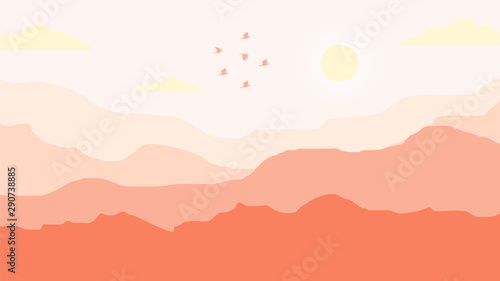 sunset view, landscape background, moutains landscape illustration,  sky, birds, tree