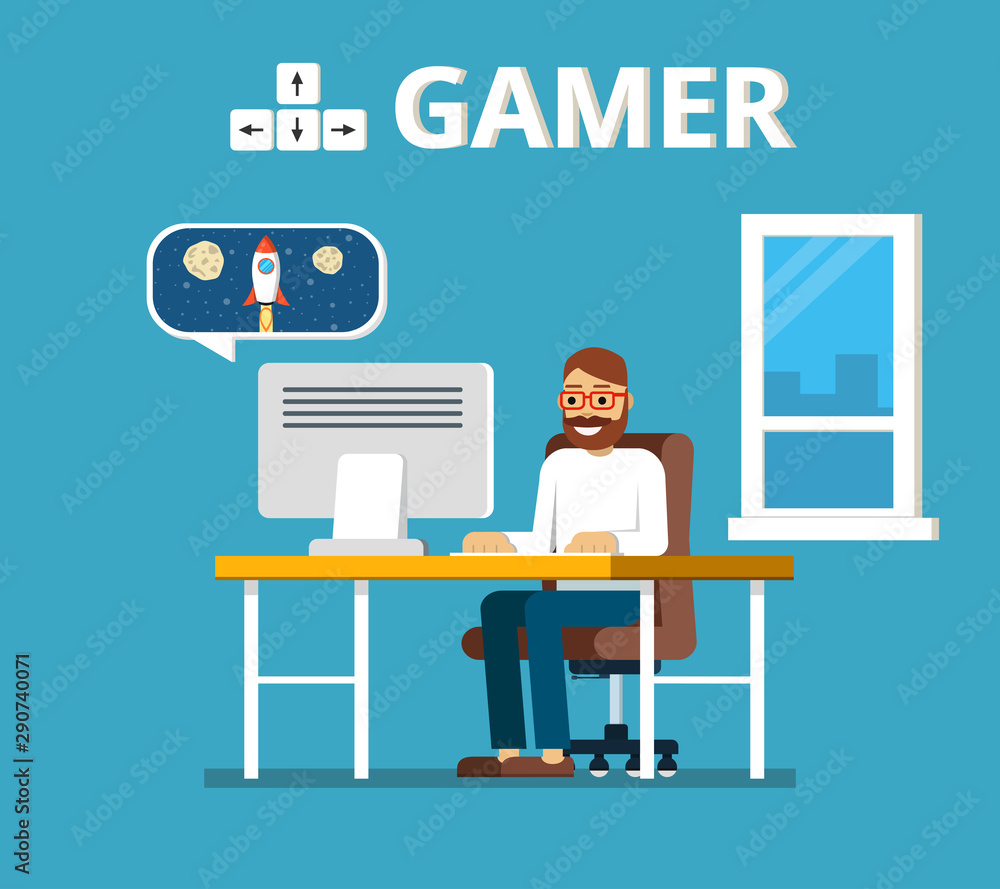 Man sitting on beanbag holds the gamepad and playing video games. Gamer concept. Flat vector illustration.