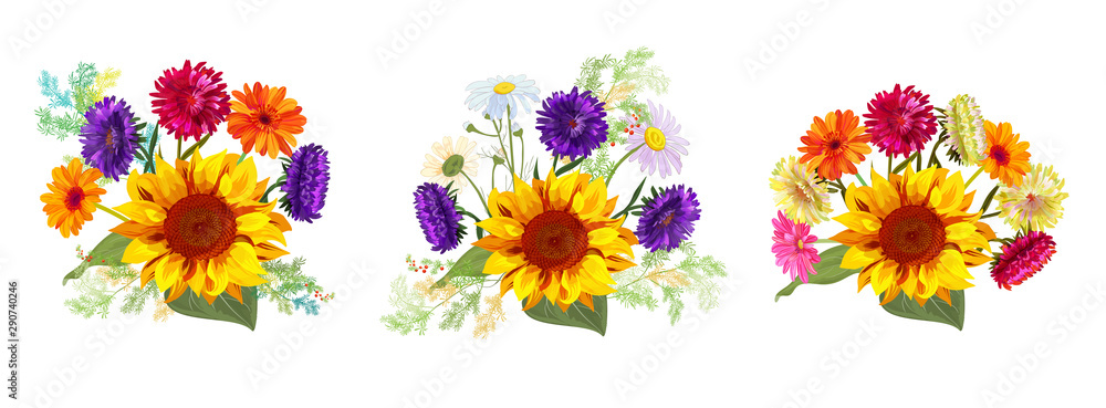 Horizontal set bouquets autumn flowers: sunflowers, gerbera, daisy flowers, asters, twigs Asparagus, white background. Digital draw, illustration in watercolor style for design, panoramic view, vector Horizontal set bouquets autumn flowers: sunflowers, gerbera, daisy flowers, asters, twigs Asparagus, white background. Digital draw, illustration in watercolor style for design, panoramic view, vector